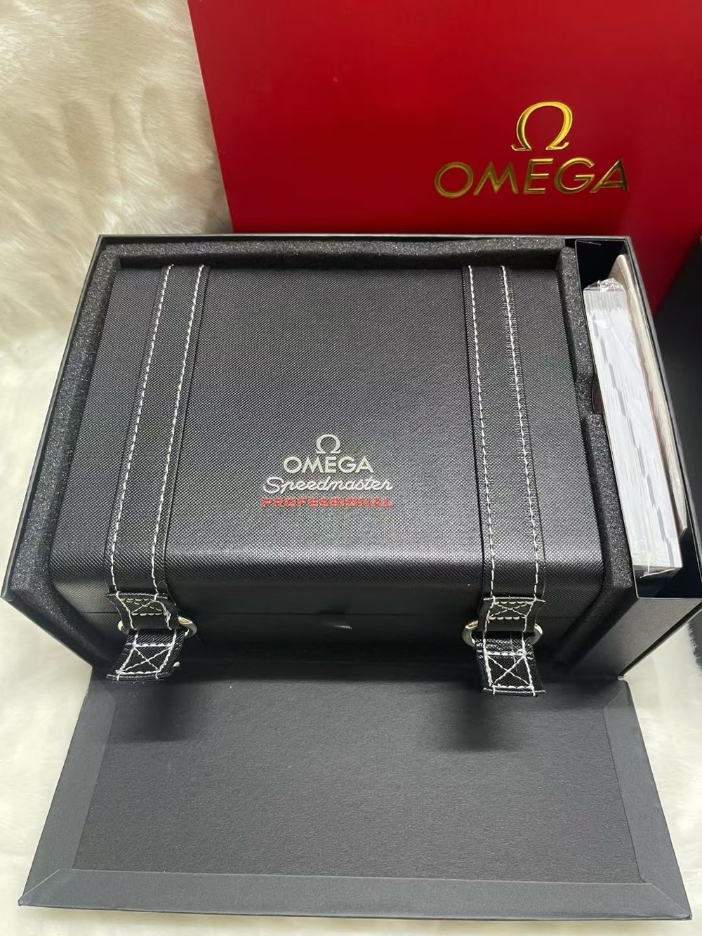 Omega Speedmaster Black Travel Watch Pouch with White Stitching